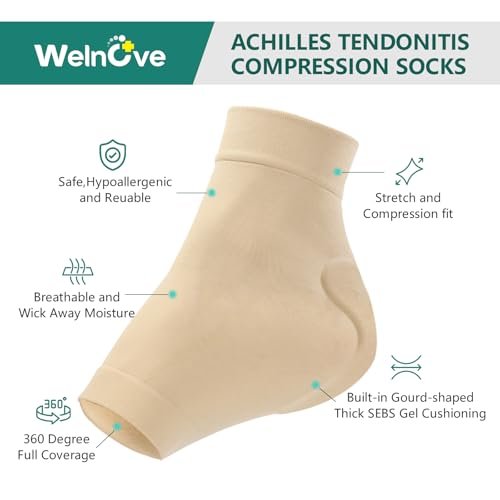 Welnove Achillessehnen-Fersenschutz Socken - Gelgepolsterte Kompressionsstrümpfe gegen Fersenschmerzen, Bursitis, trockene rissige Fersen (FSA/HSA-fähig), Beige, Regular