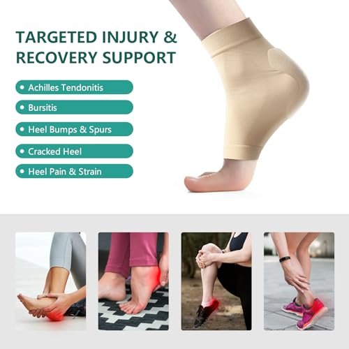 Welnove Achillessehnen-Fersenschutz Socken - Gelgepolsterte Kompressionsstrümpfe gegen Fersenschmerzen, Bursitis, trockene rissige Fersen (FSA/HSA-fähig), Beige, Regular