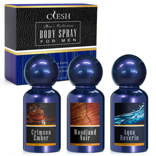 CLESH Herrendüfte im Set: 3 x 60 ml Body Spray für Männer – Crimson Ember, Aqua Reverie, Woodland Noir