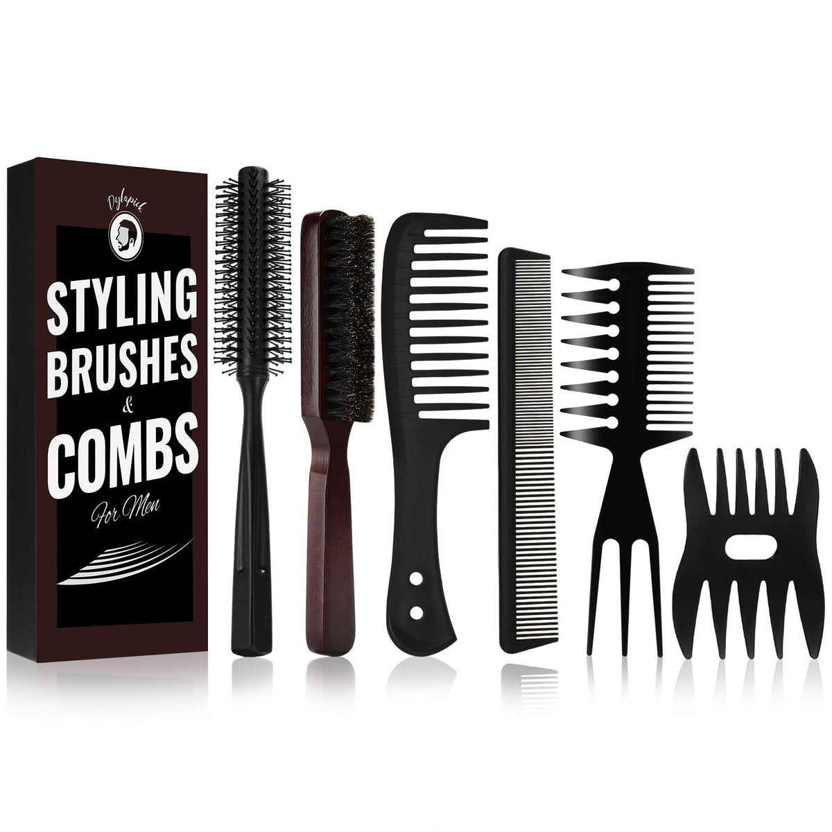 Herren Haarbürsten und Bartbürsten Set – Wildschweinborsten Bartbürste, Breitzahnkamm, Runde Haarbürste, Texturkamm zum Entwirren, Föhnen, Schneiden, Scheiteln und Stylen