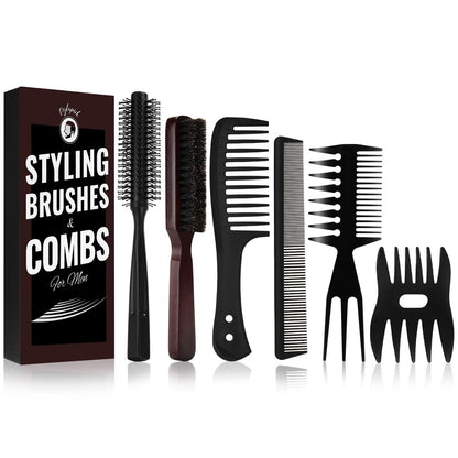 Herren Haarbürsten und Bartbürsten Set – Wildschweinborsten Bartbürste, Breitzahnkamm, Runde Haarbürste, Texturkamm zum Entwirren, Föhnen, Schneiden, Scheiteln und Stylen