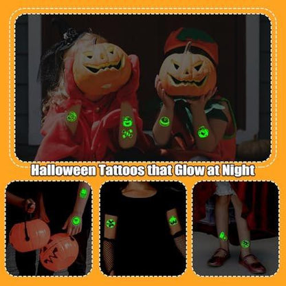 Partywind 204 Stile Leuchtende Halloween Tattoos für Kinder, Leuchtende Zucker-Tattoo-Aufkleber für Partydekorationen, Süßigkeitenfreie Halloween-Geschenke für Trick-or-Treat-Partys