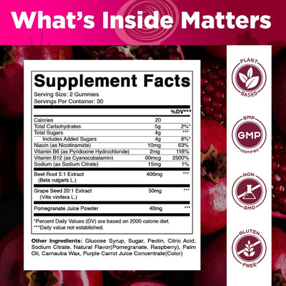 Vitamatic Rote-Bete-Gummibärchen mit B6, B12, Traubenkern, Granatapfel & Nicotinamid – Pflanzlicher Extrakt – Vegan, Nicht-GVO – Nahrungsergänzungsmittel – 60 Stück