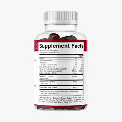 Vitamatic Rote-Bete-Gummis mit B6, B12, Traubenkern, Granatapfel & Nicotinamid – Pflanzlicher Extrakt – Vegan, Nicht-GVO – Nahrungsergänzungsmittel – 60 Stück, 2er-Pack (120 Stück)