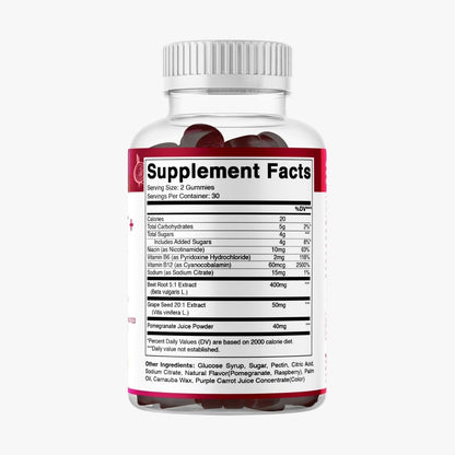 Vitamatic Rote-Bete-Gummibärchen mit B6, B12, Traubenkern, Granatapfel & Nicotinamid – Pflanzlicher Extrakt – Vegan, Nicht-GVO – Nahrungsergänzungsmittel – 60 Stück