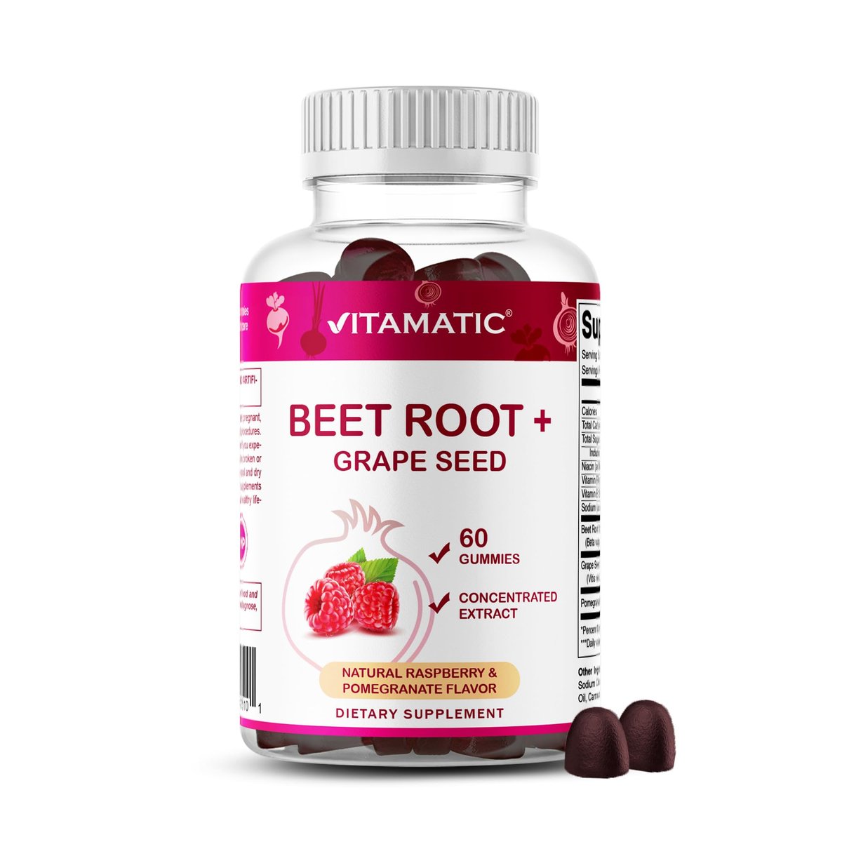 Vitamatic Rote-Bete-Gummibärchen mit B6, B12, Traubenkern, Granatapfel & Nicotinamid – Pflanzlicher Extrakt – Vegan, Nicht-GVO – Nahrungsergänzungsmittel – 60 Stück