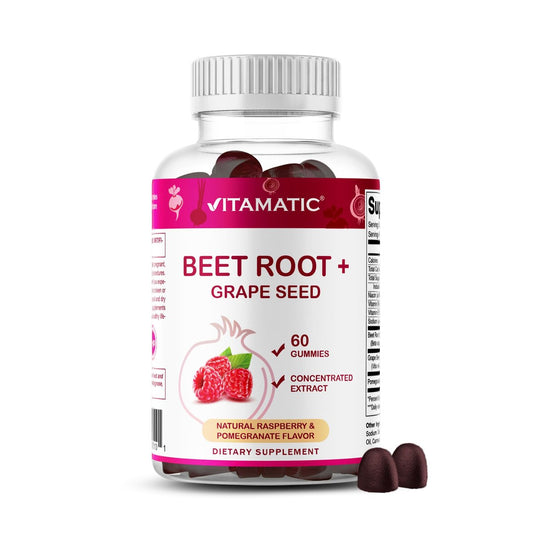 Vitamatic Rote-Bete-Gummibärchen mit B6, B12, Traubenkern, Granatapfel & Nicotinamid – Pflanzlicher Extrakt – Vegan, Nicht-GVO – Nahrungsergänzungsmittel – 60 Stück