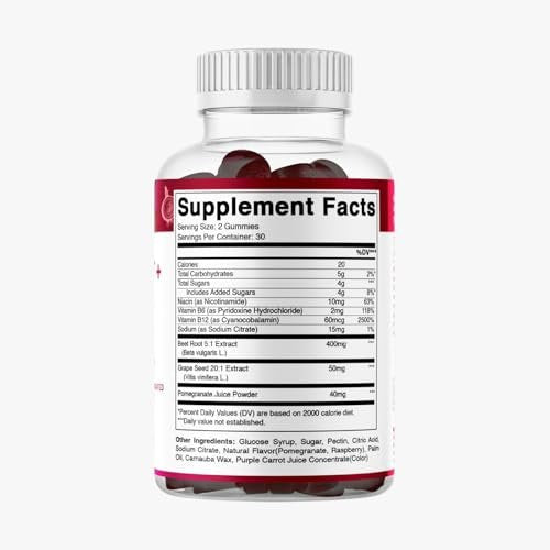 Vitamatic Rote-Bete-Gummis mit B6, B12, Traubenkern, Granatapfel & Nicotinamid – Pflanzlicher Extrakt – Vegan, Nicht-GVO – Nahrungsergänzungsmittel – 60 Stück, 2er-Pack (120 Stück)