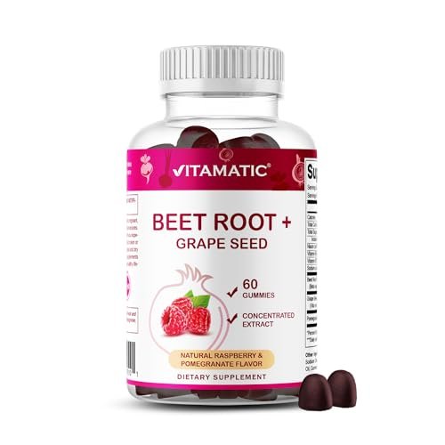 Vitamatic Rote-Bete-Gummibärchen mit B6, B12, Traubenkern, Granatapfel & Nicotinamid – Pflanzlicher Extrakt – Vegan, Nicht-GVO – Nahrungsergänzungsmittel – 60 Stück