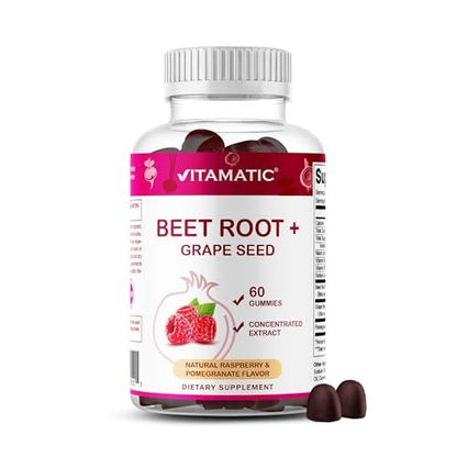 Vitamatic Rote-Bete-Gummibärchen mit B6, B12, Traubenkern, Granatapfel & Nicotinamid – Pflanzlicher Extrakt – Vegan, Nicht-GVO – Nahrungsergänzungsmittel – 60 Stück