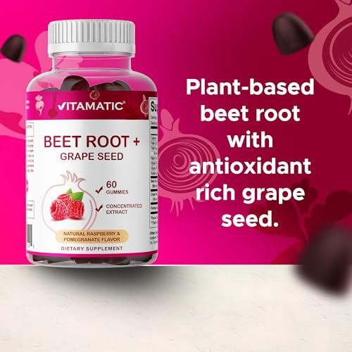 Vitamatic Rote-Bete-Gummibärchen mit B6, B12, Traubenkern, Granatapfel & Nicotinamid – Pflanzlicher Extrakt – Vegan, Nicht-GVO – Nahrungsergänzungsmittel – 60 Stück