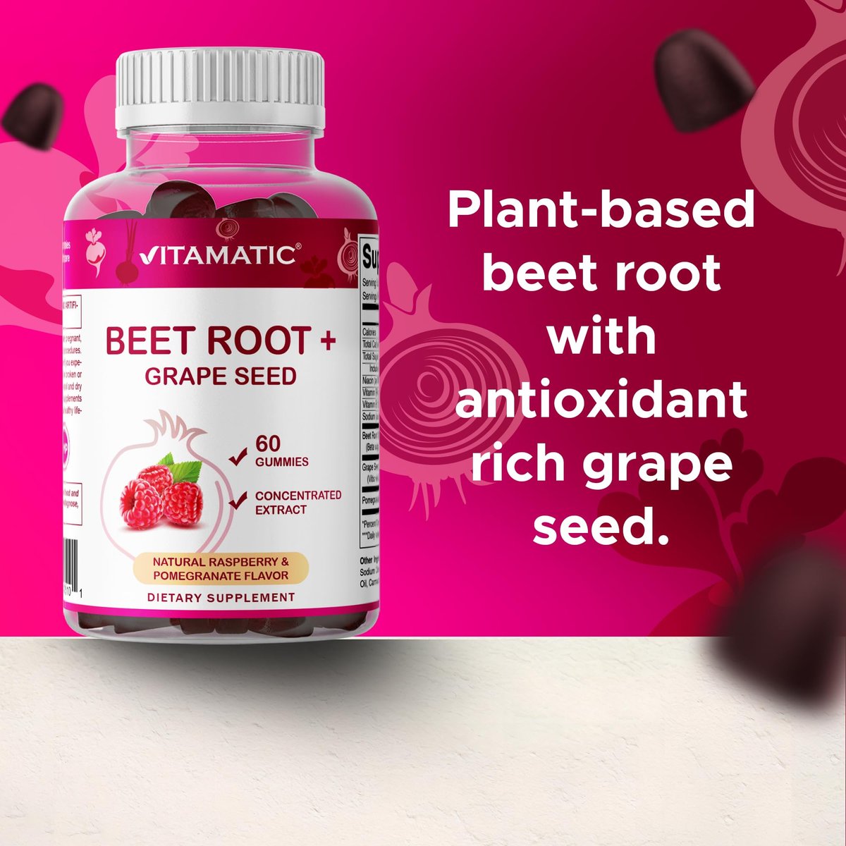 Vitamatic Rote-Bete-Gummibärchen mit B6, B12, Traubenkern, Granatapfel & Nicotinamid – Pflanzlicher Extrakt – Vegan, Nicht-GVO – Nahrungsergänzungsmittel – 60 Stück