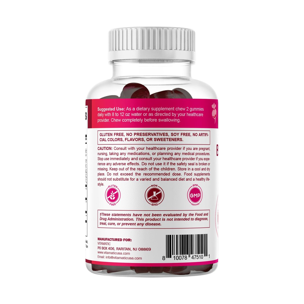 Vitamatic Rote-Bete-Gummibärchen mit B6, B12, Traubenkern, Granatapfel & Nicotinamid – Pflanzlicher Extrakt – Vegan, Nicht-GVO – Nahrungsergänzungsmittel – 60 Stück