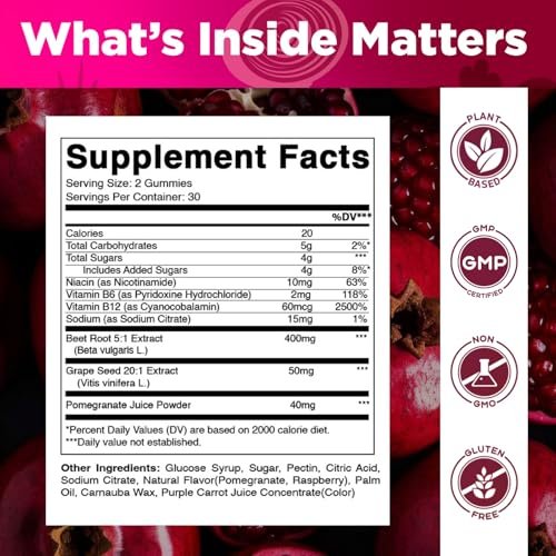 Vitamatic Rote-Bete-Gummibärchen mit B6, B12, Traubenkern, Granatapfel & Nicotinamid – Pflanzlicher Extrakt – Vegan, Nicht-GVO – Nahrungsergänzungsmittel – 60 Stück