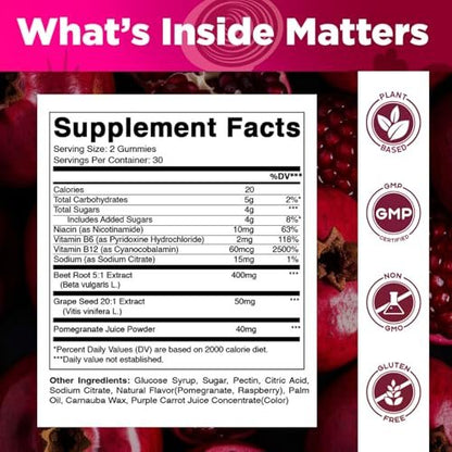 Vitamatic Rote-Bete-Gummibärchen mit B6, B12, Traubenkern, Granatapfel & Nicotinamid – Pflanzlicher Extrakt – Vegan, Nicht-GVO – Nahrungsergänzungsmittel – 60 Stück