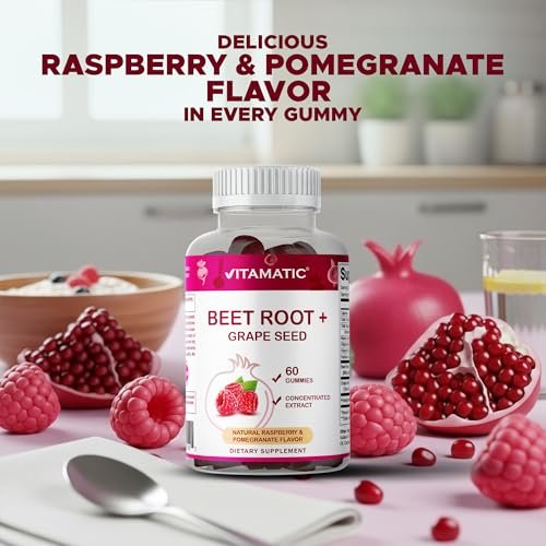 Vitamatic Rote-Bete-Gummibärchen mit B6, B12, Traubenkern, Granatapfel & Nicotinamid – Pflanzlicher Extrakt – Vegan, Nicht-GVO – Nahrungsergänzungsmittel – 60 Stück