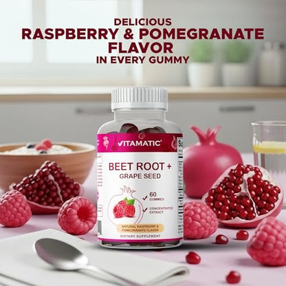 Vitamatic Rote-Bete-Gummibärchen mit B6, B12, Traubenkern, Granatapfel & Nicotinamid – Pflanzlicher Extrakt – Vegan, Nicht-GVO – Nahrungsergänzungsmittel – 60 Stück