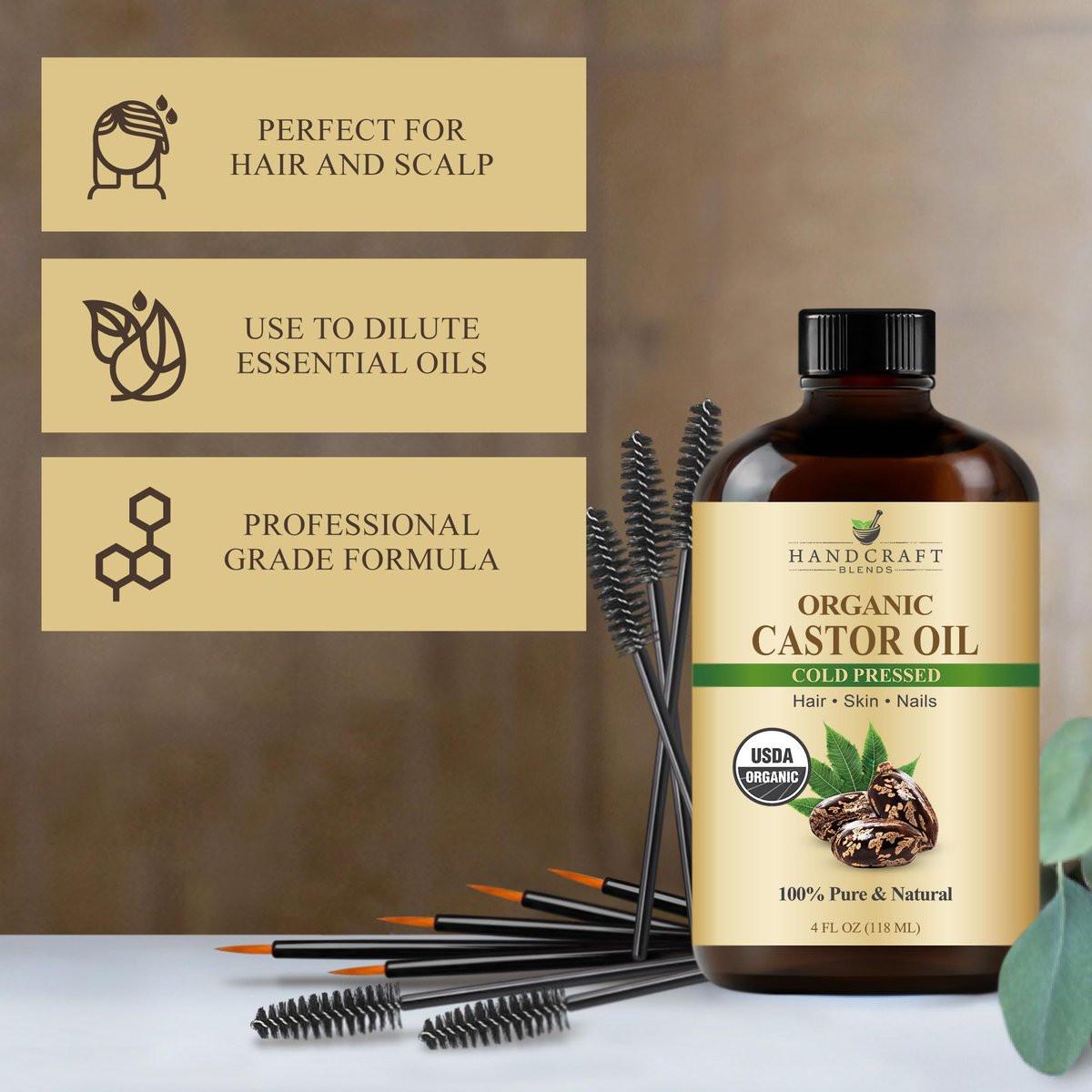Handcraft Blends Kaltgepresstes Bio-Rizinusöl 118 ml | Glasflasche | Wimpernbürsten | 100% rein und natürlich | Premium Trägeröl | Für Haare, Wimpern und Augenbrauen | Haar und Körper