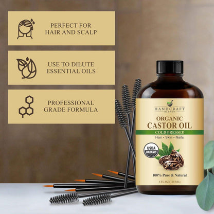 Handcraft Blends Kaltgepresstes Bio-Rizinusöl 118 ml | Glasflasche | Wimpernbürsten | 100% rein und natürlich | Premium Trägeröl | Für Haare, Wimpern und Augenbrauen | Haar und Körper