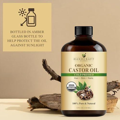 Handcraft Blends Kaltgepresstes Bio-Rizinusöl 118 ml | Glasflasche | Wimpernbürsten | 100% rein und natürlich | Premium Trägeröl | Für Haare, Wimpern und Augenbrauen | Haar und Körper