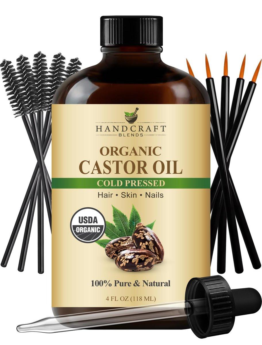Handcraft Blends Kaltgepresstes Bio-Rizinusöl 118 ml | Glasflasche | Wimpernbürsten | 100% rein und natürlich | Premium Trägeröl | Für Haare, Wimpern und Augenbrauen | Haar und Körper
