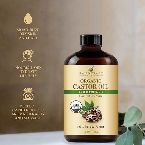Handcraft Blends Kaltgepresstes Bio-Rizinusöl 118 ml | Glasflasche | Wimpernbürsten | 100% rein und natürlich | Premium Trägeröl | Für Haare, Wimpern und Augenbrauen | Haar und Körper