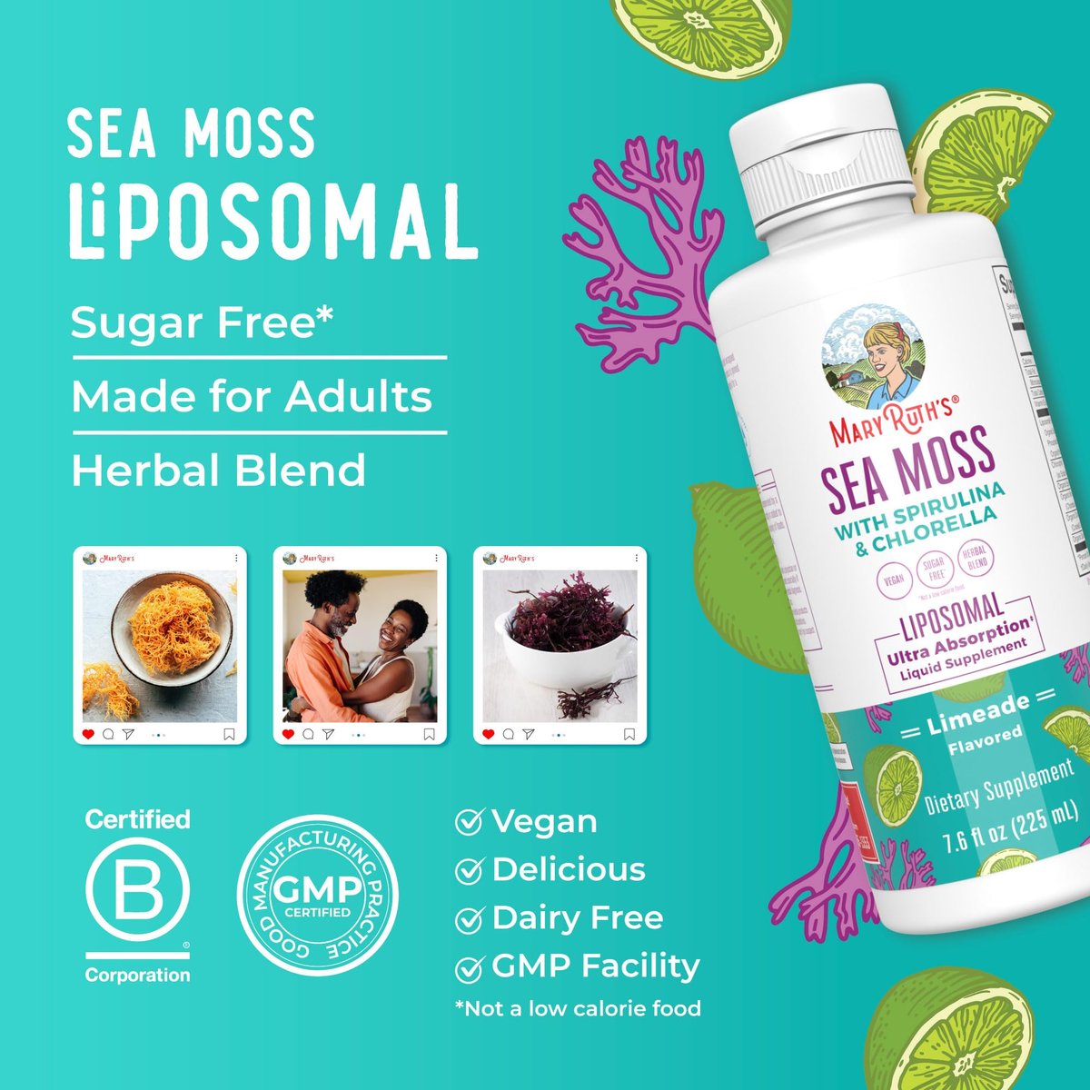 MARYRUTH'S Organics Sea Moss mit Spirulina und Chlorella Liposomal | Chlorophyll | Löwenzahnwurzel | Superfood | Ultimative Absorption | Vegan | Non-GMO | Glutenfrei | 7,6 fl oz | 15 Portionen
