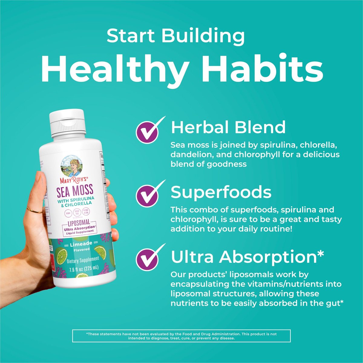 MARYRUTH'S Organics Sea Moss mit Spirulina und Chlorella Liposomal | Chlorophyll | Löwenzahnwurzel | Superfood | Ultimative Absorption | Vegan | Non-GMO | Glutenfrei | 7,6 fl oz | 15 Portionen