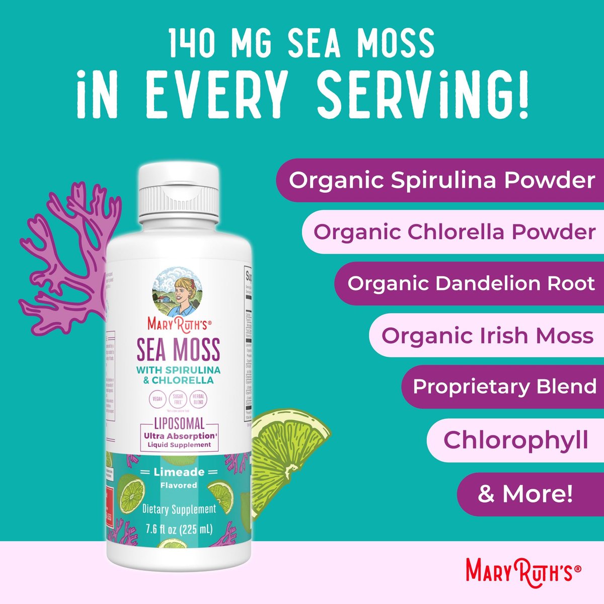MARYRUTH'S Organics Sea Moss mit Spirulina und Chlorella Liposomal | Chlorophyll | Löwenzahnwurzel | Superfood | Ultimative Absorption | Vegan | Non-GMO | Glutenfrei | 7,6 fl oz | 15 Portionen