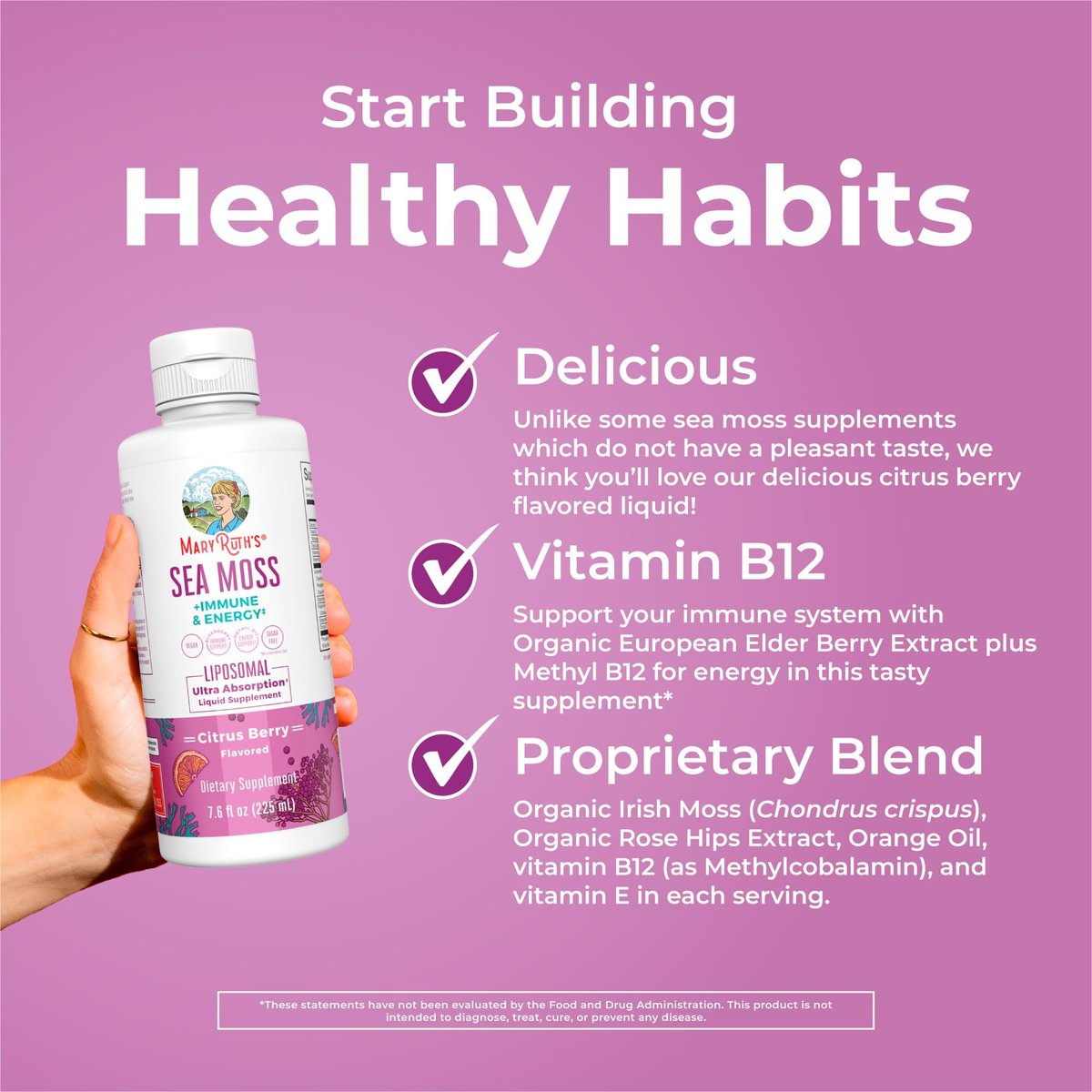 MARYRUTH'S Organics Sea Moss + Immun- & Energie-Liposomal | Irisches Meermoos | Vitamin B12 | Vitamin E | Holunderbeere | Hagebuttenöl | Orangenöl | Immununterstützung | Vegan | Zuckerfrei | 7,6 oz