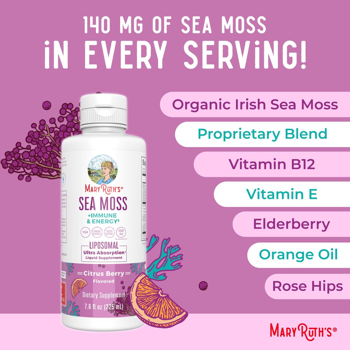 MARYRUTH'S Organics Sea Moss + Immun- & Energie-Liposomal | Irisches Meermoos | Vitamin B12 | Vitamin E | Holunderbeere | Hagebuttenöl | Orangenöl | Immununterstützung | Vegan | Zuckerfrei | 7,6 oz