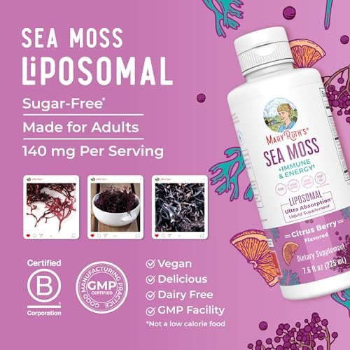 MARYRUTH'S Organics Sea Moss + Immun- & Energie-Liposomal | Irisches Meermoos | Vitamin B12 | Vitamin E | Holunderbeere | Hagebuttenöl | Orangenöl | Immununterstützung | Vegan | Zuckerfrei | 7,6 oz