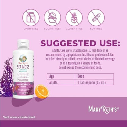 MARYRUTH'S Organics Sea Moss + Immun- & Energie-Liposomal | Irisches Meermoos | Vitamin B12 | Vitamin E | Holunderbeere | Hagebuttenöl | Orangenöl | Immununterstützung | Vegan | Zuckerfrei | 7,6 oz