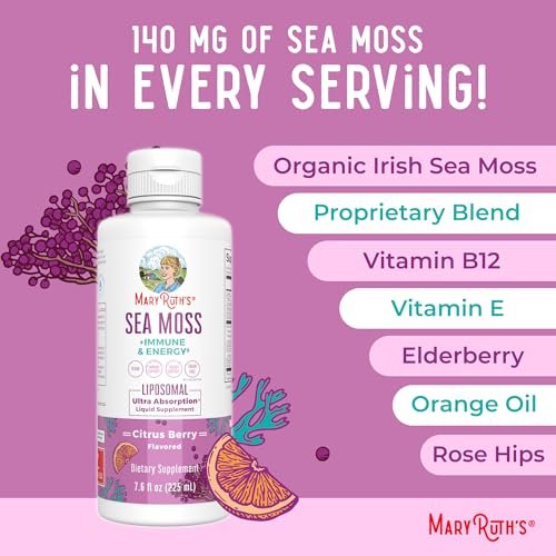 MARYRUTH'S Organics Sea Moss + Immun- & Energie-Liposomal | Irisches Meermoos | Vitamin B12 | Vitamin E | Holunderbeere | Hagebuttenöl | Orangenöl | Immununterstützung | Vegan | Zuckerfrei | 7,6 oz