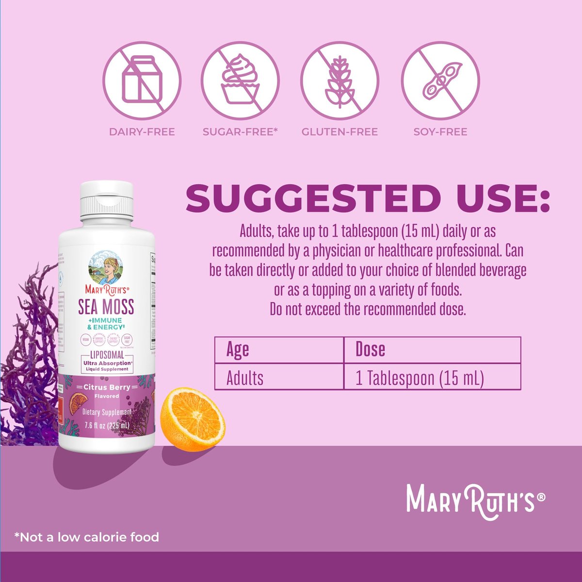 MARYRUTH'S Organics Sea Moss + Immun- & Energie-Liposomal | Irisches Meermoos | Vitamin B12 | Vitamin E | Holunderbeere | Hagebuttenöl | Orangenöl | Immununterstützung | Vegan | Zuckerfrei | 7,6 oz