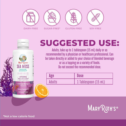 MARYRUTH'S Organics Sea Moss + Immun- & Energie-Liposomal | Irisches Meermoos | Vitamin B12 | Vitamin E | Holunderbeere | Hagebuttenöl | Orangenöl | Immununterstützung | Vegan | Zuckerfrei | 7,6 oz