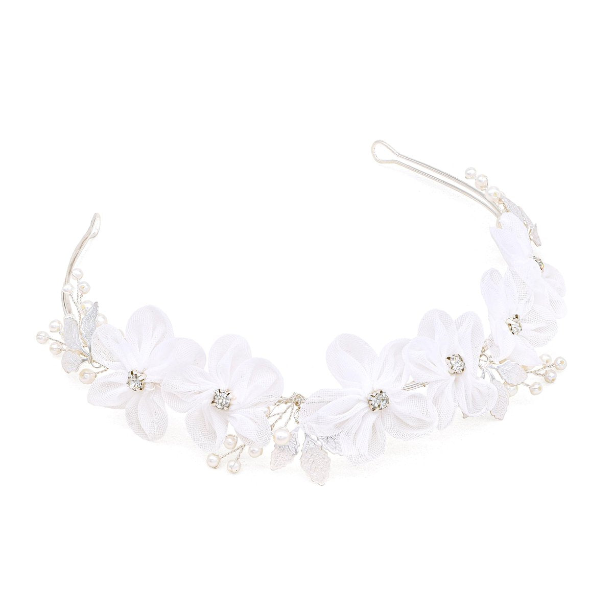 Oriamour Tüll-Blumen-Stirnband mit Perlen – Blumenmädchen-Kopfschmuck in Silber – Hochzeitsaccessoire für Geburtstag, Party und Erstkommunion