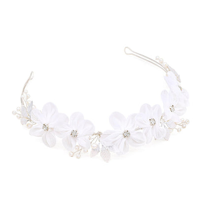 Oriamour Tüll-Blumen-Stirnband mit Perlen – Blumenmädchen-Kopfschmuck in Silber – Hochzeitsaccessoire für Geburtstag, Party und Erstkommunion
