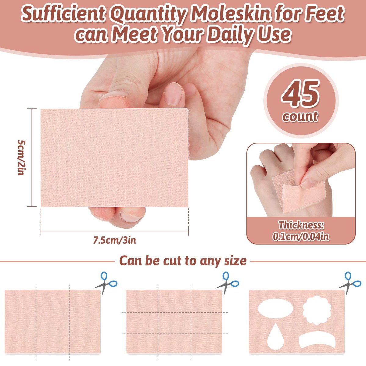 Shynek 45 Blätter Moleskin für Füße – Blasenpflaster, hautfreundliches Moleskin-Pad gegen Reibung, für Wanderschuhe, zur Blasenprävention (Hellbraun)