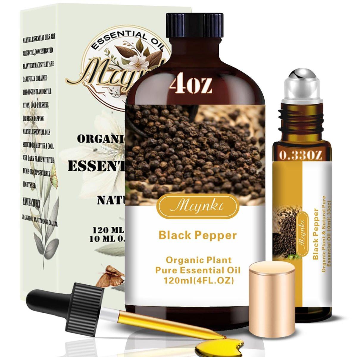 Schwarzer Pfeffer Ätherisches Öl – MLYNKL Black Pepper Öl für Massage, Diffuser, Luftbefeuchter, DIY Kerzen, Seife, Energie, Fokus, geschenkbereit (130 ml / 4,33 fl oz)