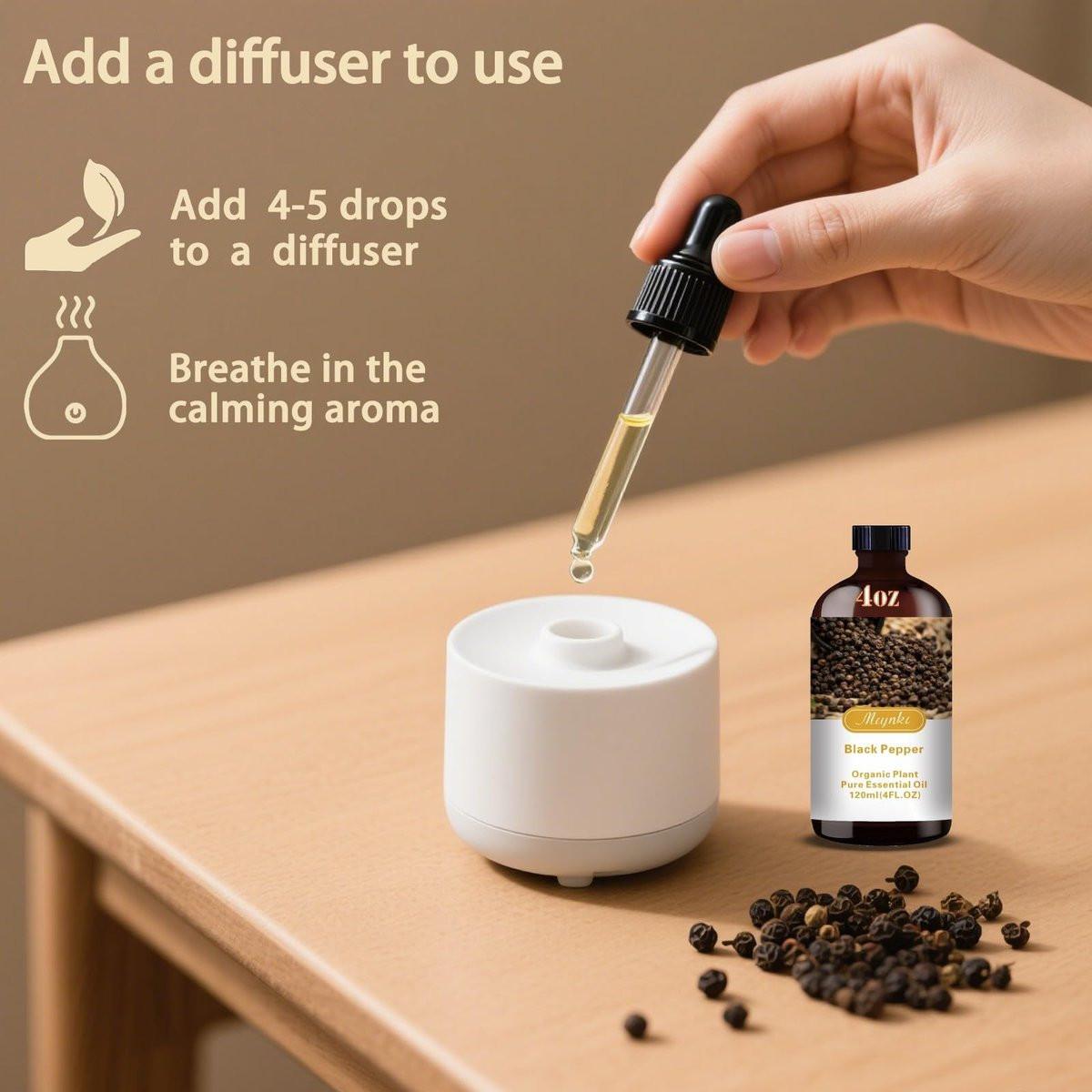 Schwarzer Pfeffer Ätherisches Öl – MLYNKL Black Pepper Öl für Massage, Diffuser, Luftbefeuchter, DIY Kerzen, Seife, Energie, Fokus, geschenkbereit (130 ml / 4,33 fl oz)