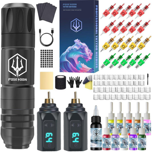 POSEIDON Tattoo Gun Kit - Kabelloses Tattoo-Pen-Set mit 2 Akkus und 20 Patronennadeln, Komplettes Tattoo-Maschinen-Set für Anfänger
