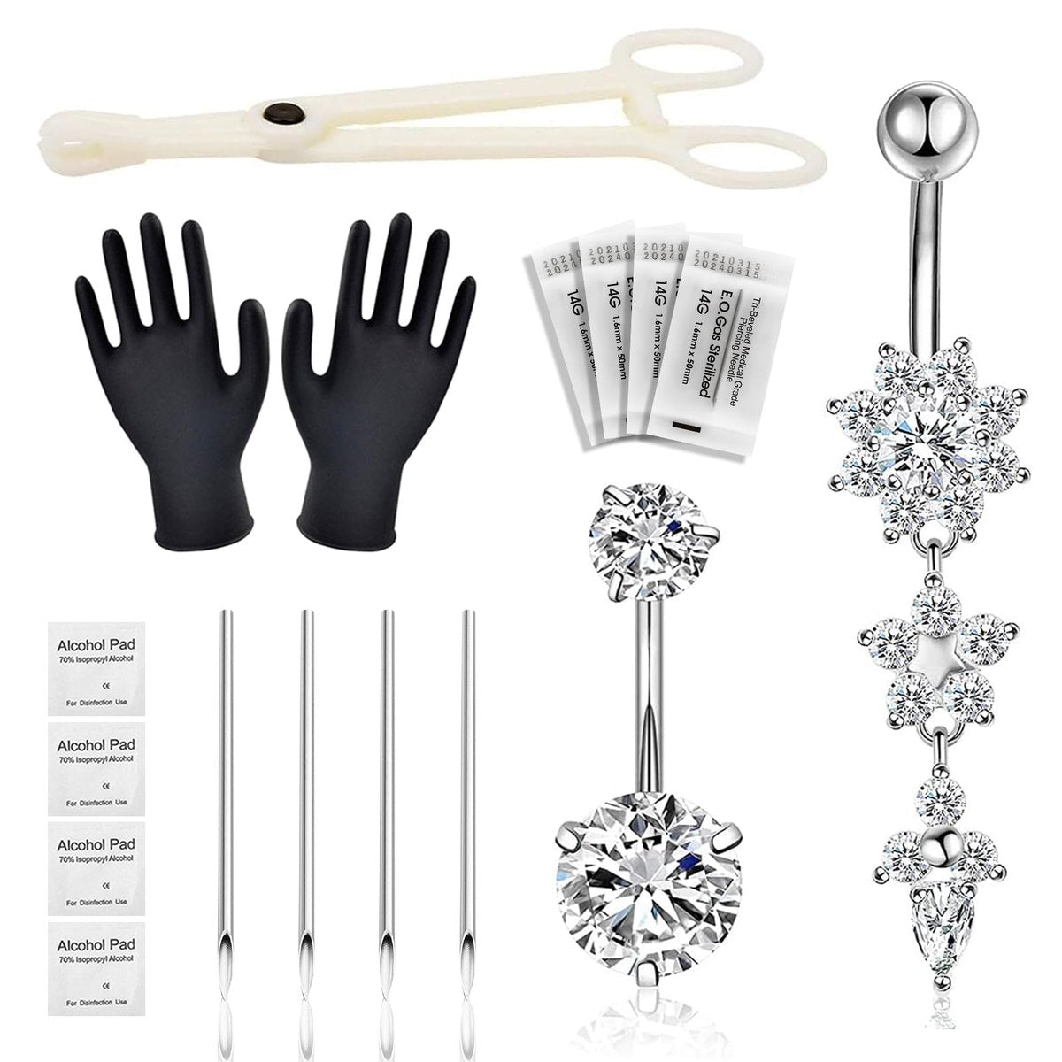 Autdor Bauchnabel-Piercing-Set 13-teilig – Komplettes Piercing-Zubehör-Set mit 2 Bauchnabelringen, Klemme, Werkzeugen und Reinigungsutensilien