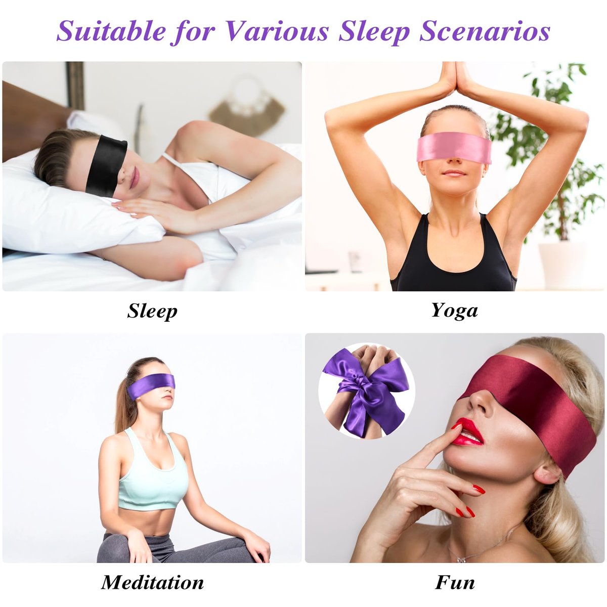 Oruola 4er-Pack Schlafmasken für Erwachsene – Lichtblockierende, verstellbare Satin-Augenmasken für Schlaf, Reisen, Yoga, Meditation (150 cm) – Mehrfarbig: Weinrot & Schwarz + Rein Schwarz + Rein Pink + Rein Lila