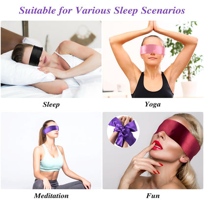 Oruola 4er-Pack Schlafmasken für Erwachsene – Lichtblockierende, verstellbare Satin-Augenmasken für Schlaf, Reisen, Yoga, Meditation (150 cm) – Mehrfarbig: Weinrot & Schwarz + Rein Schwarz + Rein Pink + Rein Lila