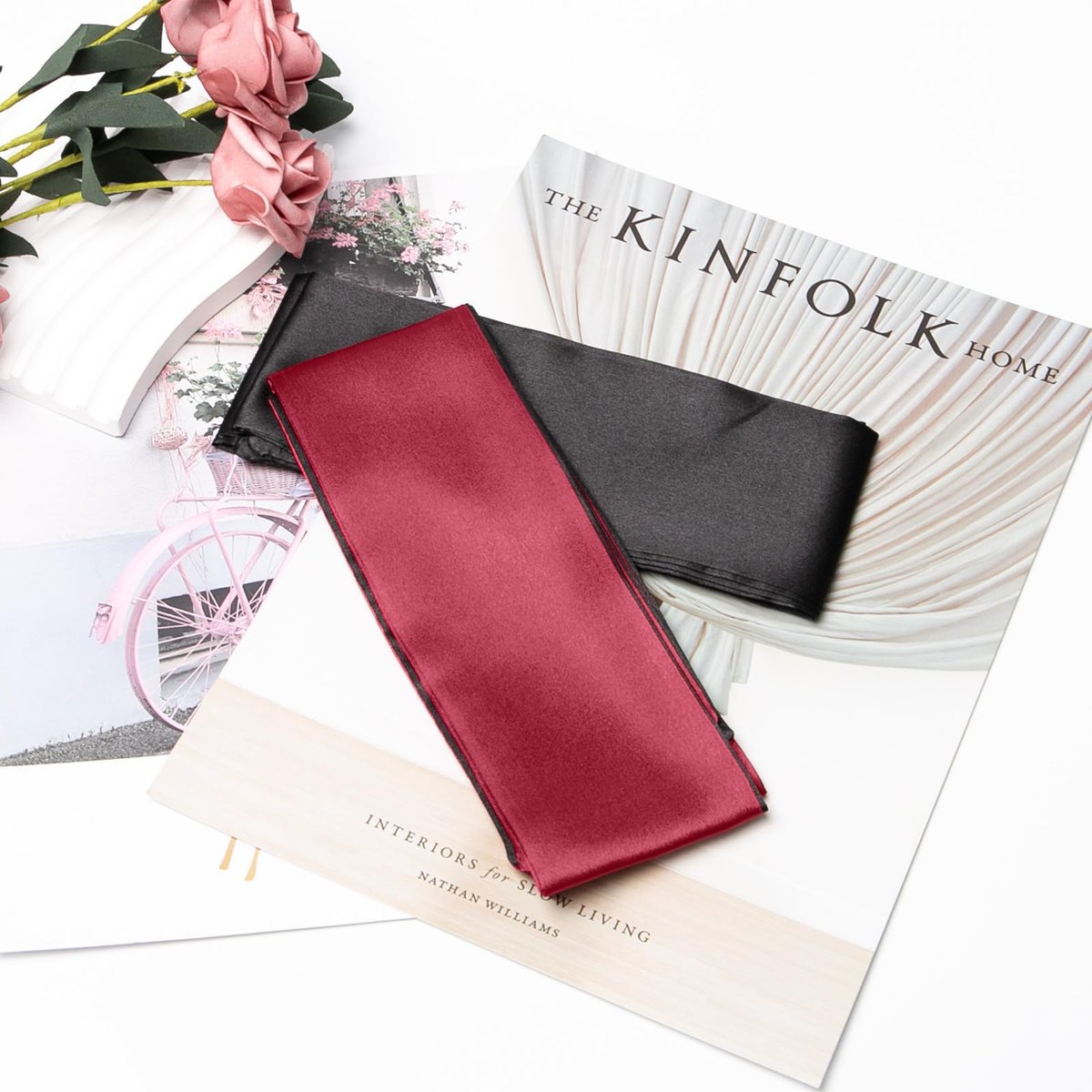 2er-Pack Satin Schlafmaske für Damen und Herren – Seidige Augenmaske für erholsamen Schlaf, Reisen, Meditation – 150 cm/59 Zoll (Schwarz + Rot)