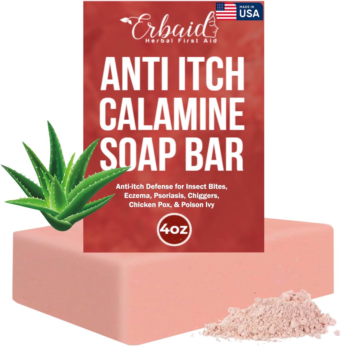 Erbaid Calamine Seife – Natürliche Linderung bei Juckreiz, Insektenstichen, Ekzemen, Giftefeu & Windpocken – 113 g (4 Unzen)