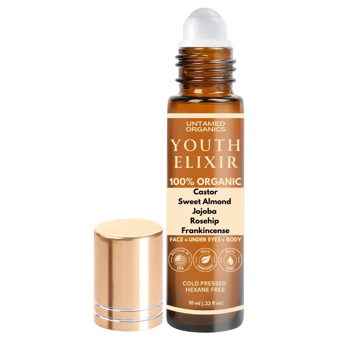 Untamed Organics Youth Elixir - Roll-On Gesichtsöl für Augenpartie und Gesicht mit zertifiziertem Bio-Kaltpress-Rizinusöl und Weihrauchöl - Anti-Aging-Wunderöl 10 ml
