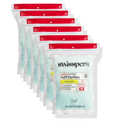 Swisspers Puff Perfect Super Jumbo Wattebällchen – 100 % natürliche, in den USA hergestellte Schönheits- und Haushaltspuffs – Premium hypoallergene Mehrzweckbällchen für Hautpflege, Haustiere & Basteln (70 Stück) 6er-Pack