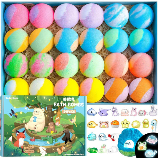 SudsyRoar Badebomben für Kinder mit Überraschung im Inneren – 24er-Pack handgefertigte Badebomben mit leuchtenden Land- und Meeres-Tieren, Fizzy Badesalzkugeln, Geburtstagsparty-Geschenke für Jungen und Mädchen